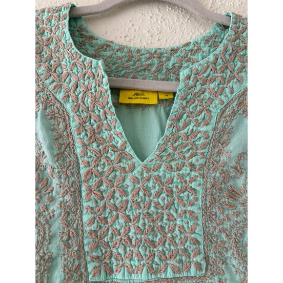 Roller Rabbit Embroidered Tunic Top V-Neck Short Sleeve Aqua Tan M - Picture 12 of 13